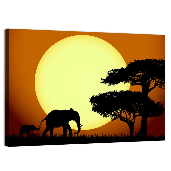 Savanna Sunset Elephants Wall Art as a canvas print