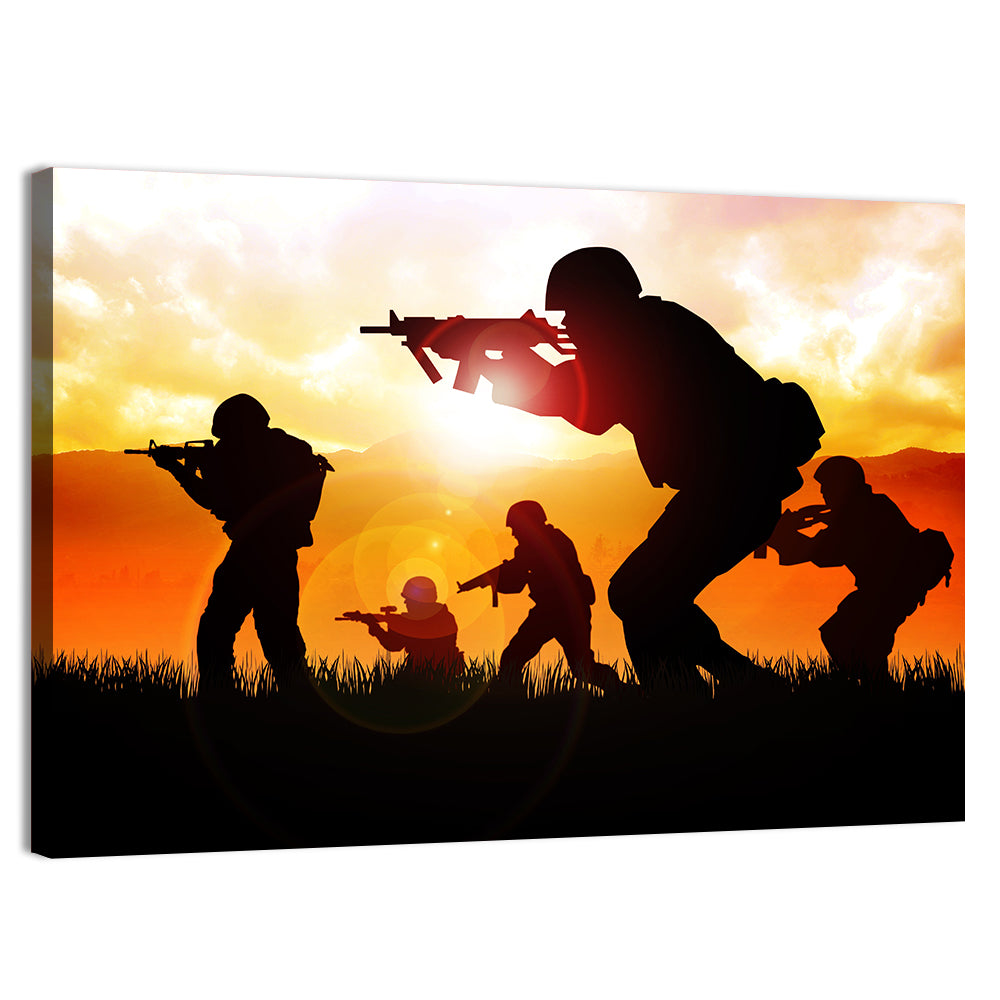 Soldiers Silhouette at Sunrise Wall Art