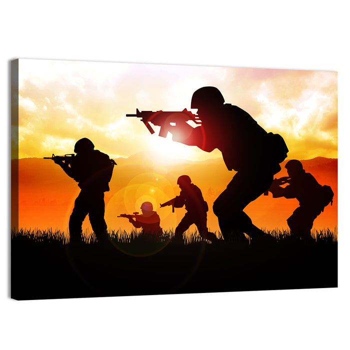 Soldiers Silhouette at Sunrise Wall Art as a canvas print