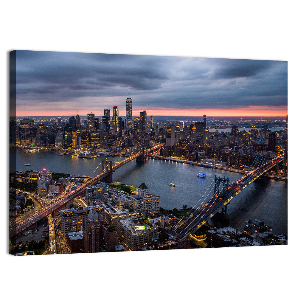 Twilight Over Brooklyn and Manhattan Bridges Wall Art, canvas print, landscape