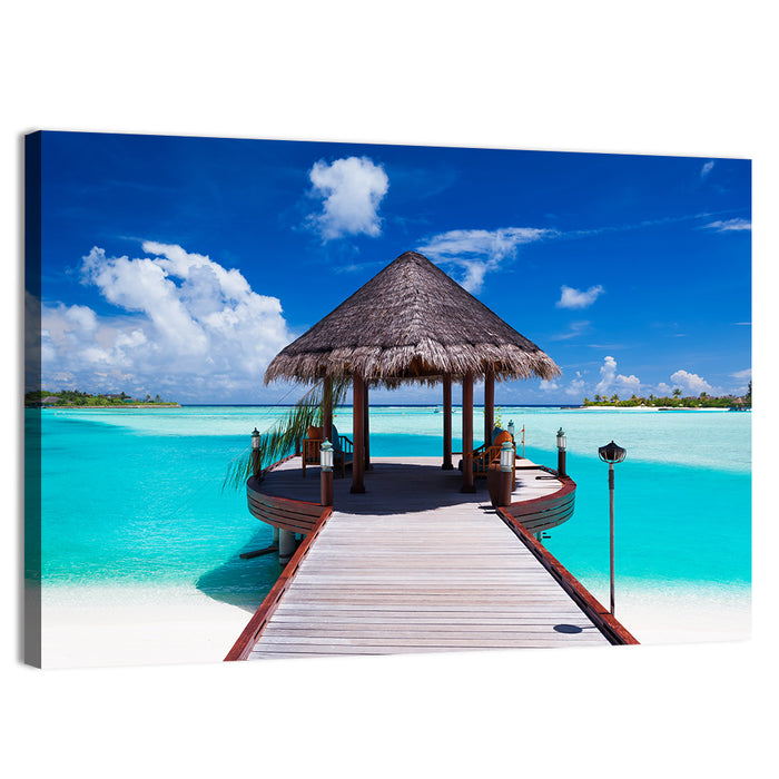 Tropical Jetty with Thatched Gazebo Wall Art as a canvas print