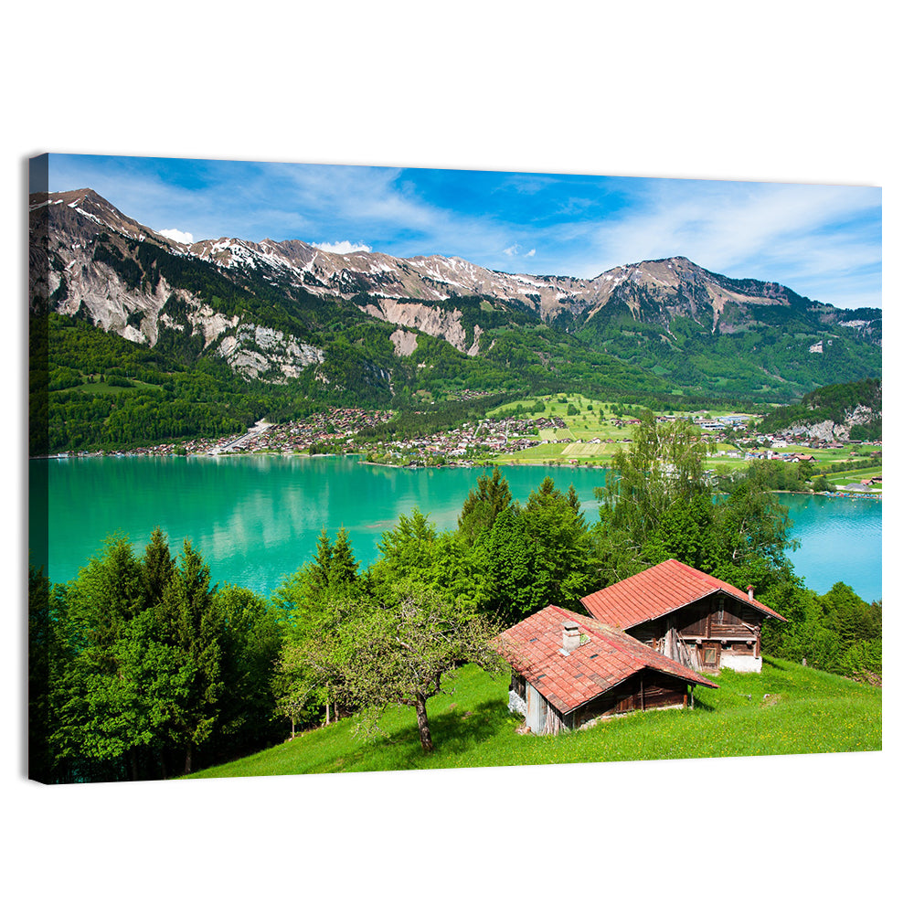 Lake Brienz with Alpine Cabins Wall Art, canvas print, landscape
