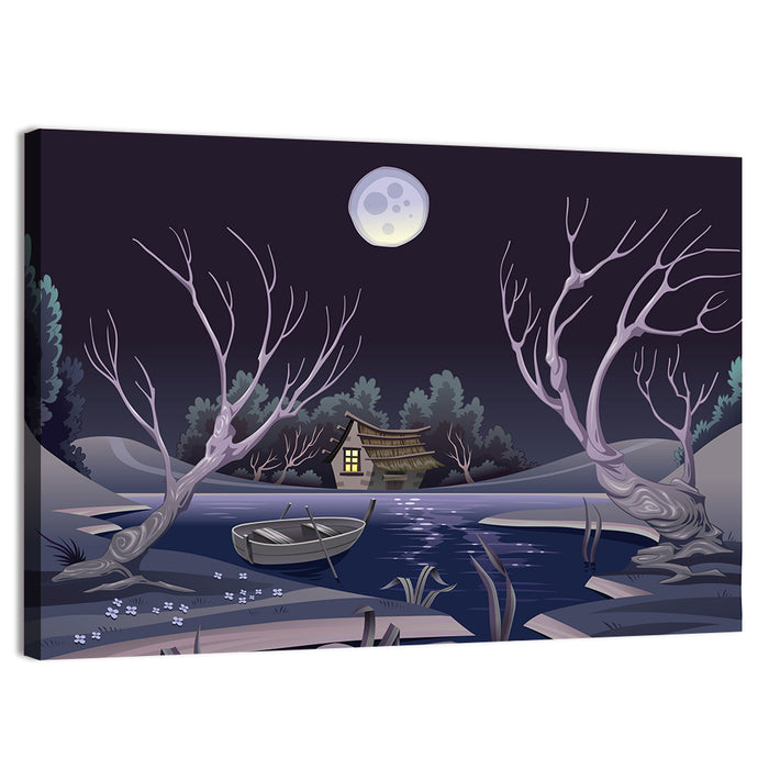 Cottage by Moonlit Pond Wall Art as a canvas print