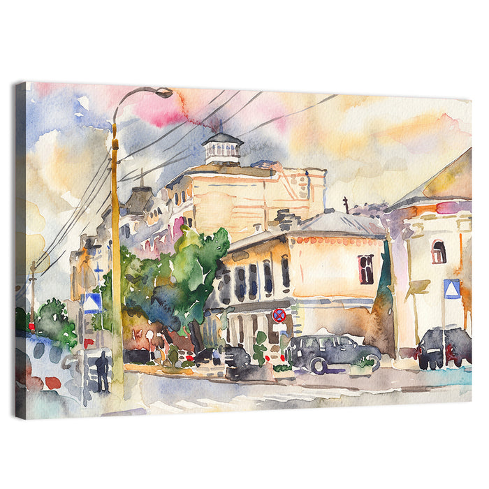 Sunlit City Street Watercolor Wall Art as a canvas print