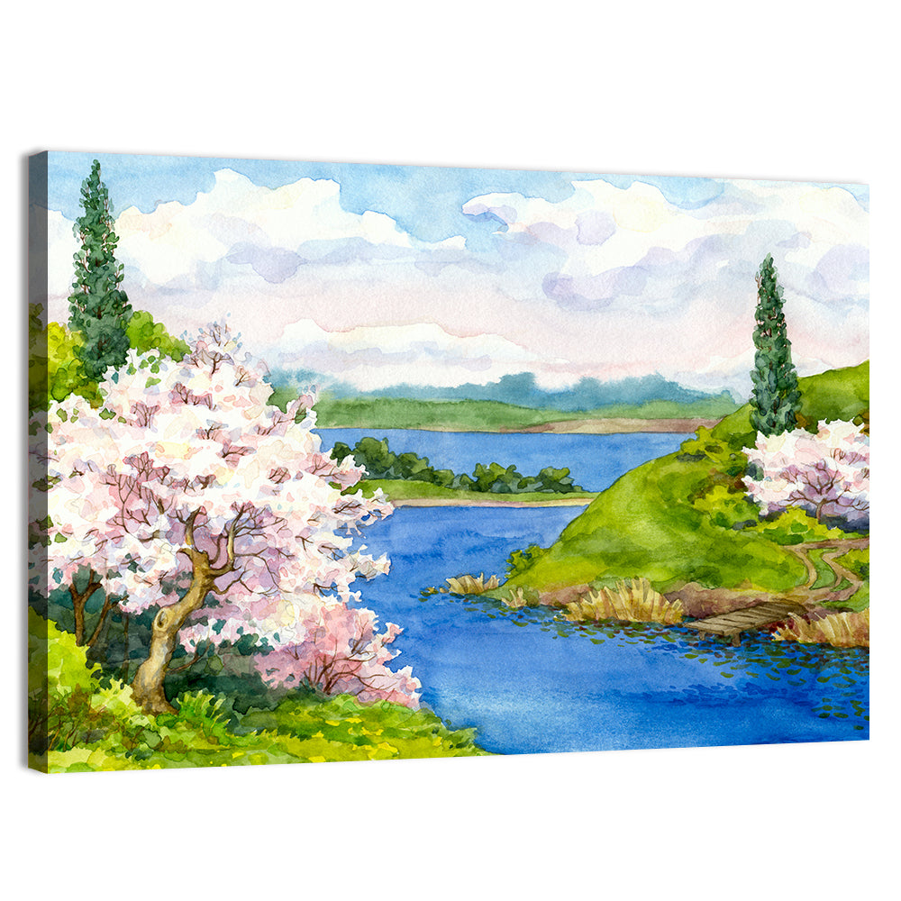 Spring Blossom Lakeside Landscape Wall Art, canvas print, landscape