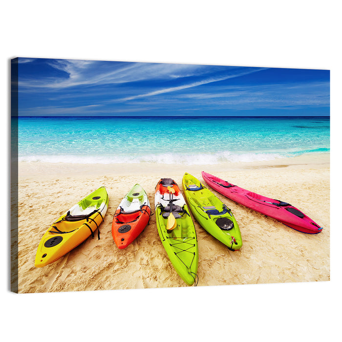 Five Colorful Kayaks on White Sand Wall Art as a canvas print