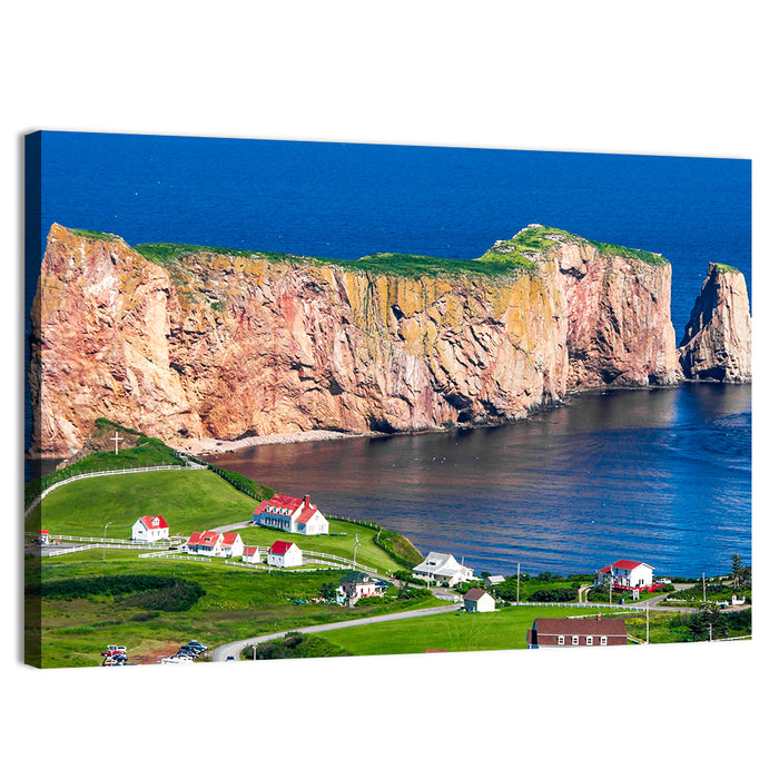 Percé Rock and Coastal Village, Quebec Wall Art as a canvas print