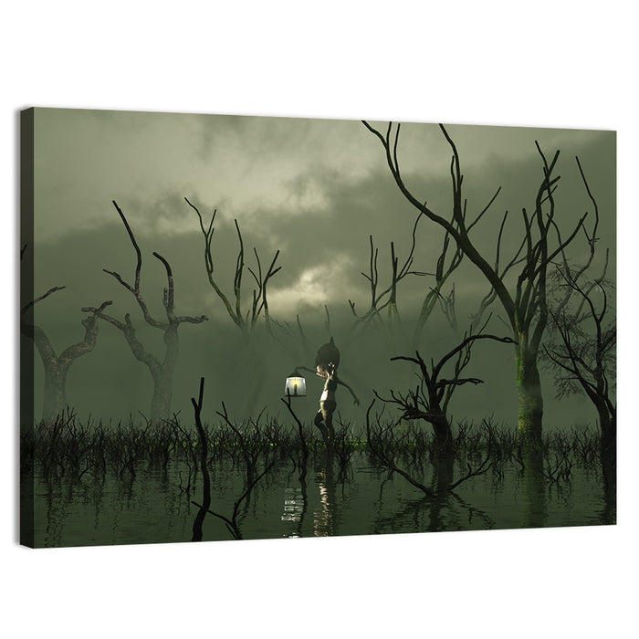 Will O the Wisp in Misty Swamp Wall Art as a canvas print