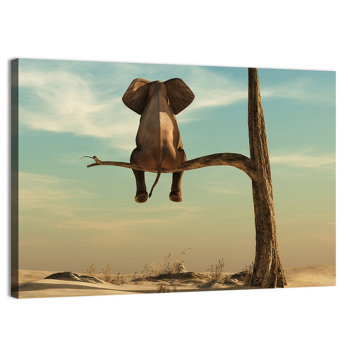 Solitary Elephant on a Tree Branch Wall Art as a canvas print
