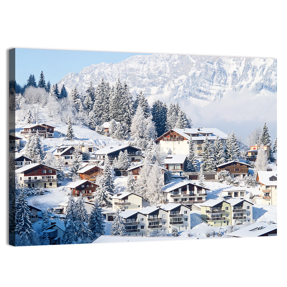 Snow Covered Swiss Alps Village Wall Art, canvas print, landscape