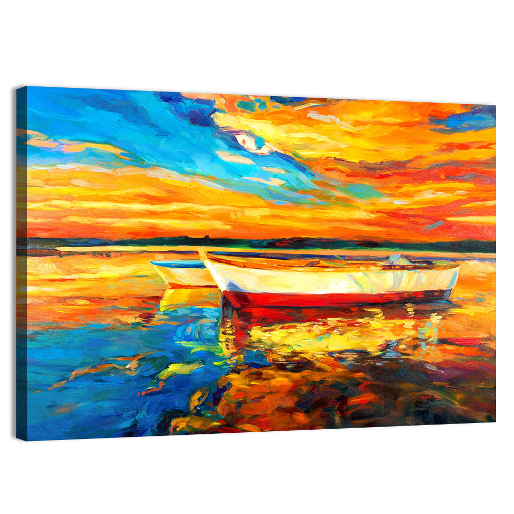 Boats at Golden Sunset Wall Art, canvas print, landscape