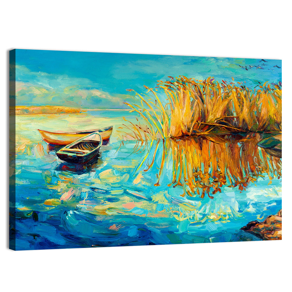 Rowboats and Reeds on Blue Lake Wall Art