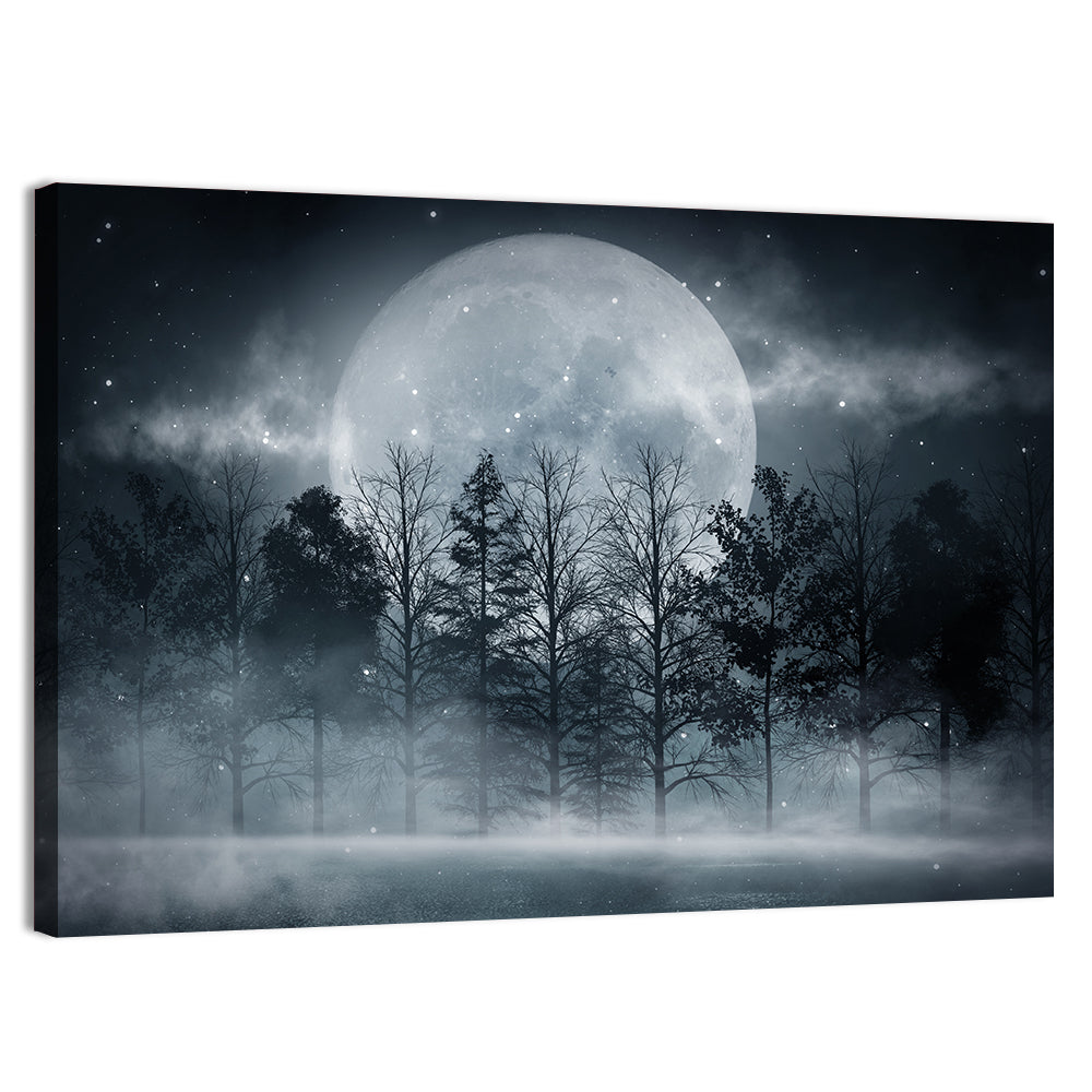 Full Moon Over Misty Forest Wall Art, canvas print, landscape
