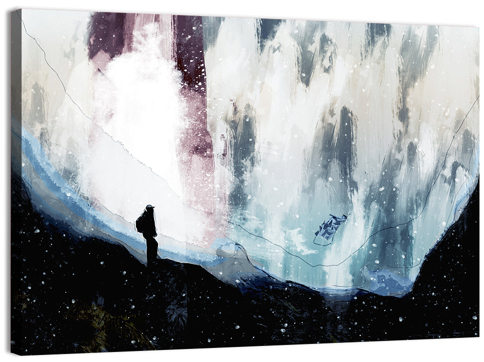 Silhouette on Cliff Over Waterfall Wall Art, canvas print, landscape