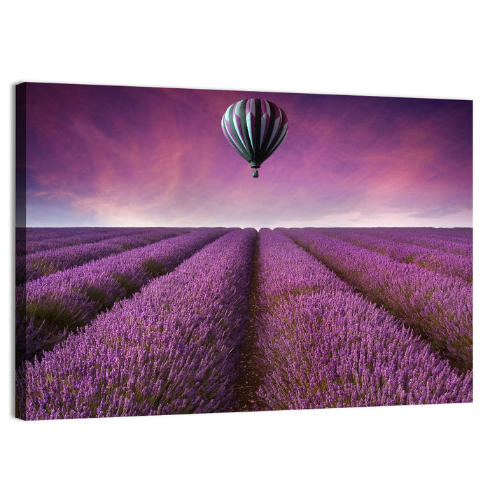 Hot Air Balloon Over Lavender Field Wall Art as a canvas print