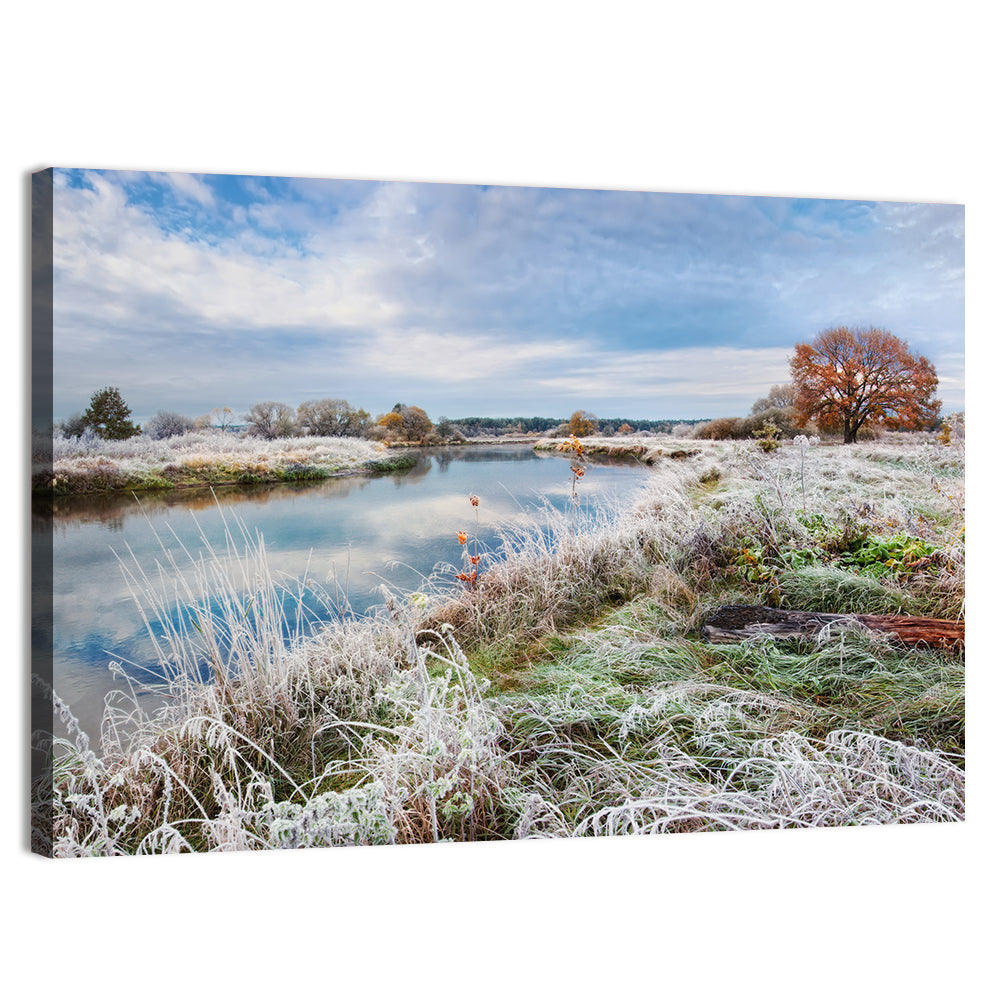 Frosted Autumn River Landscape Wall Art, canvas print, landscape