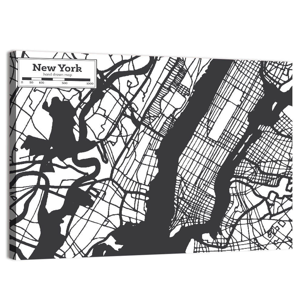 New York City Map Black and White Wall Art, canvas print, landscape