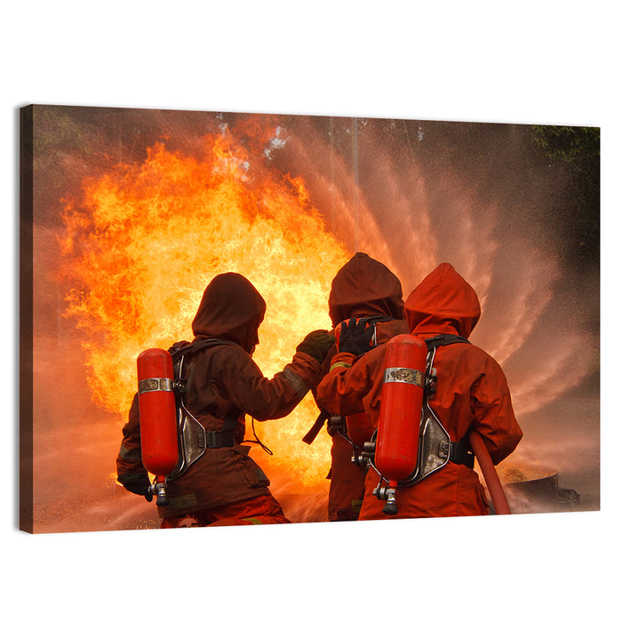 Three Firefighters Training Drill Wall Art as a canvas print