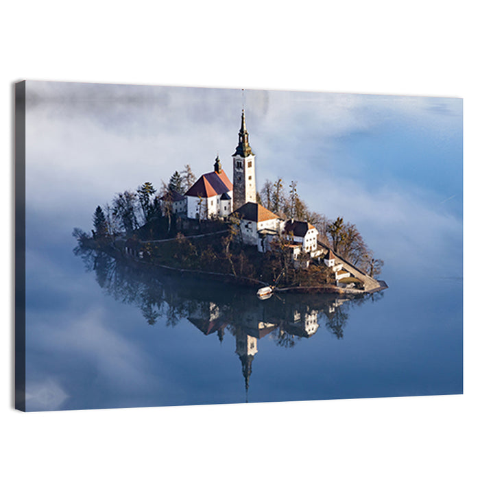 Bled Island Morning Fog Wall Art as a canvas print