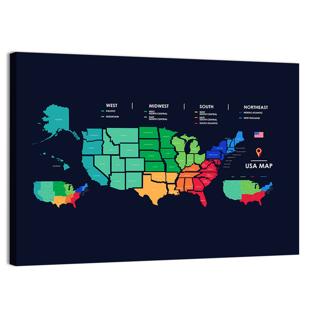 Color Coded US Regions Map Wall Art, canvas print, landscape