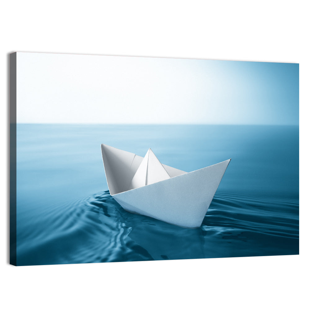 Paper Sailboat on Blue Water Wall Art, canvas print, landscape