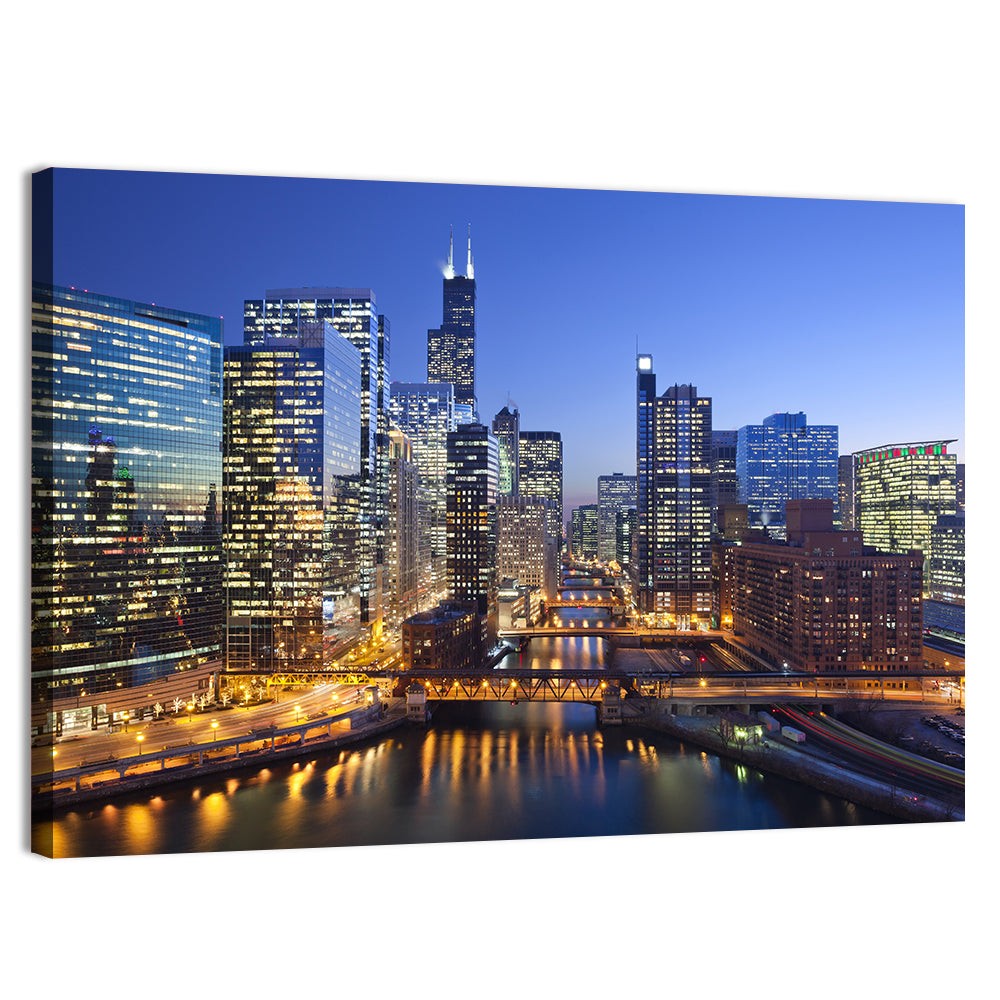 Chicago River Night Skyline Wall Art, canvas print, landscape