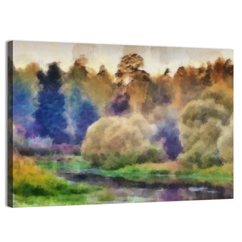 Misty Forest River Watercolor Wall Art, canvas print, landscape