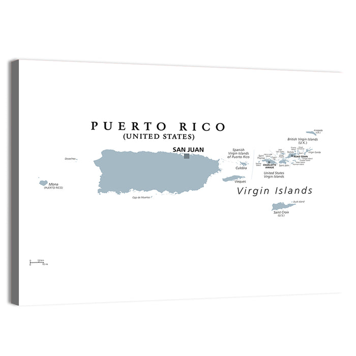 Puerto Rico and Virgin Islands Political Map Wall Art as a canvas print