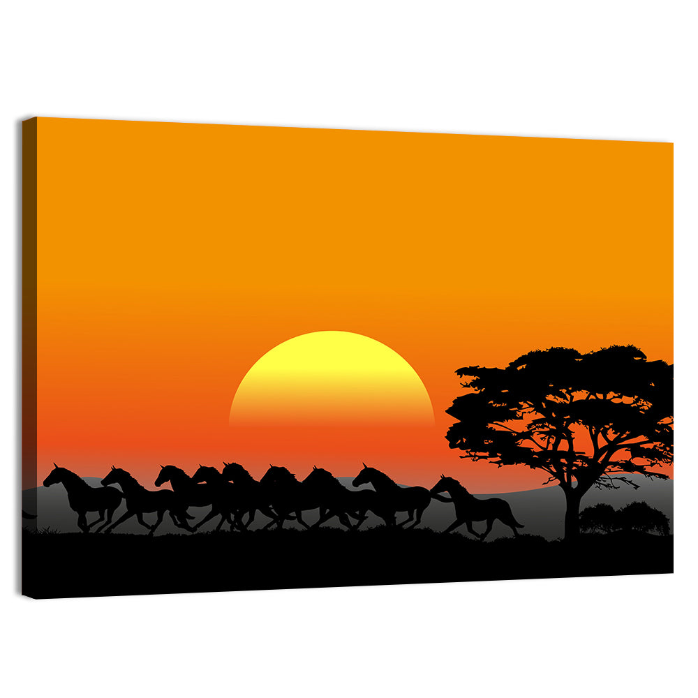 Horses Herd At Sunset Wall Art