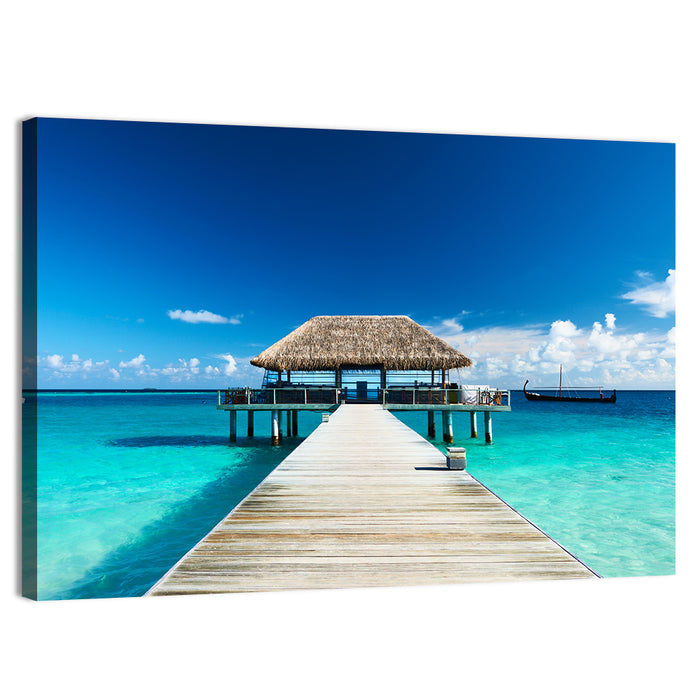 Maldives Wooden Jetty Over Turquoise Water Wall Art as a canvas print