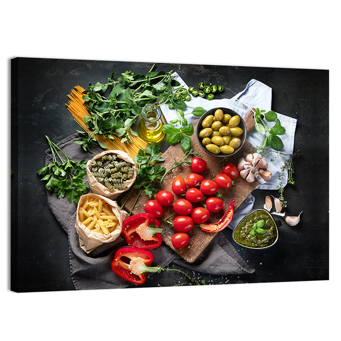 Italian Ingredients Flat Lay Wall Art as a canvas print
