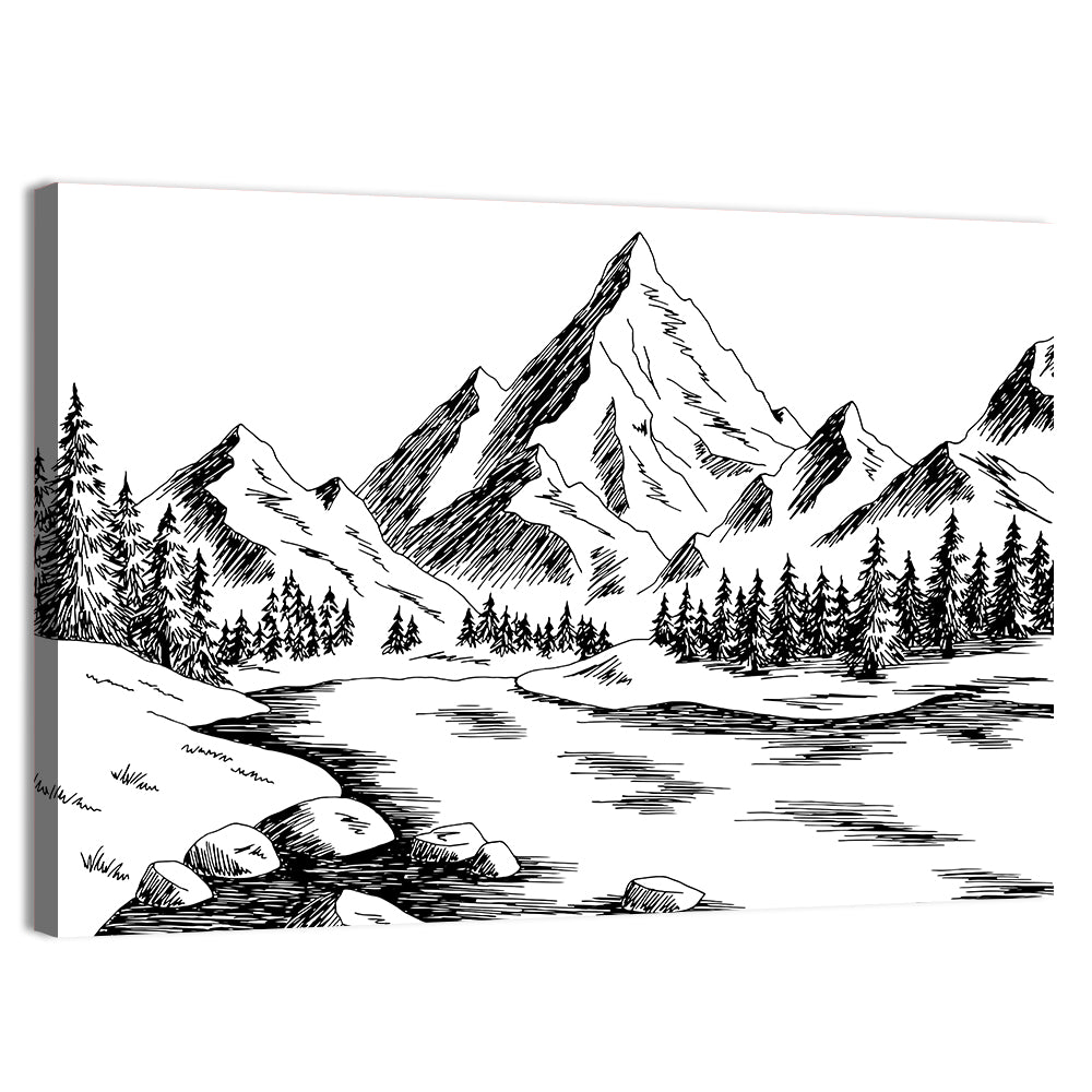 Monochrome Mountain Lake Sketch Wall Art, canvas print, landscape