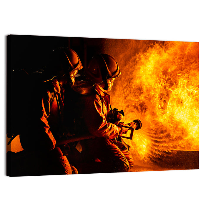 Firefighters Battling Flames Wall Art as a canvas print