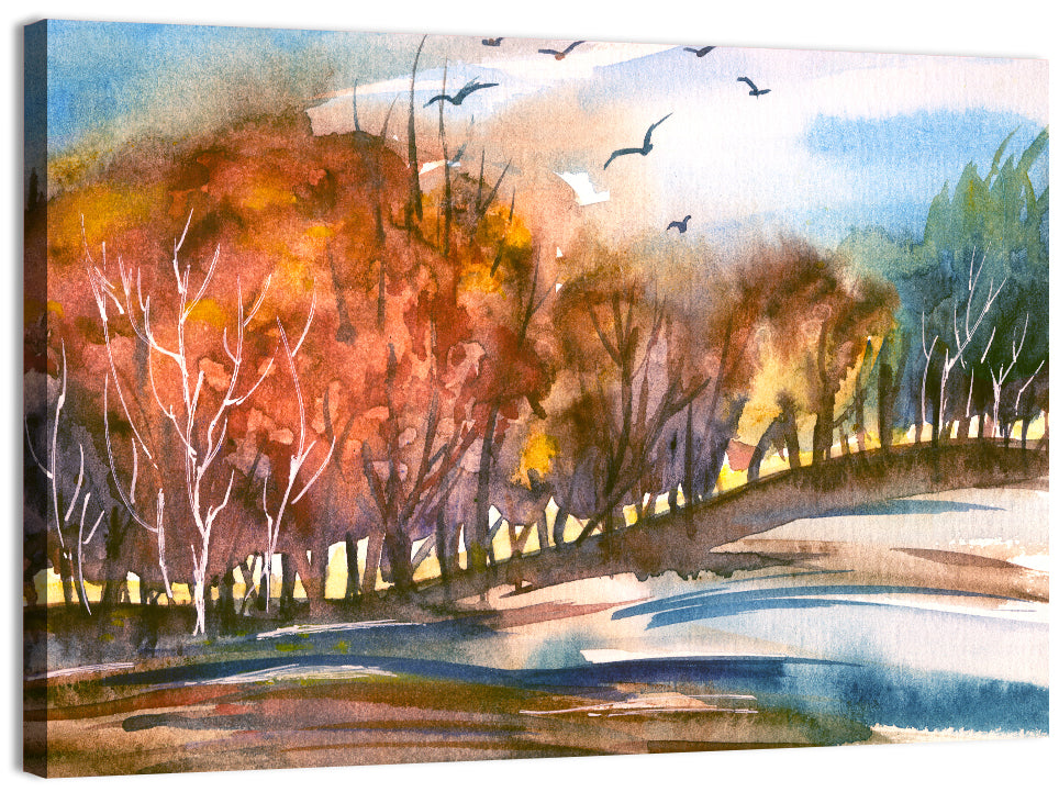 Autumn Dusk Watercolor Landscape Wall Art
