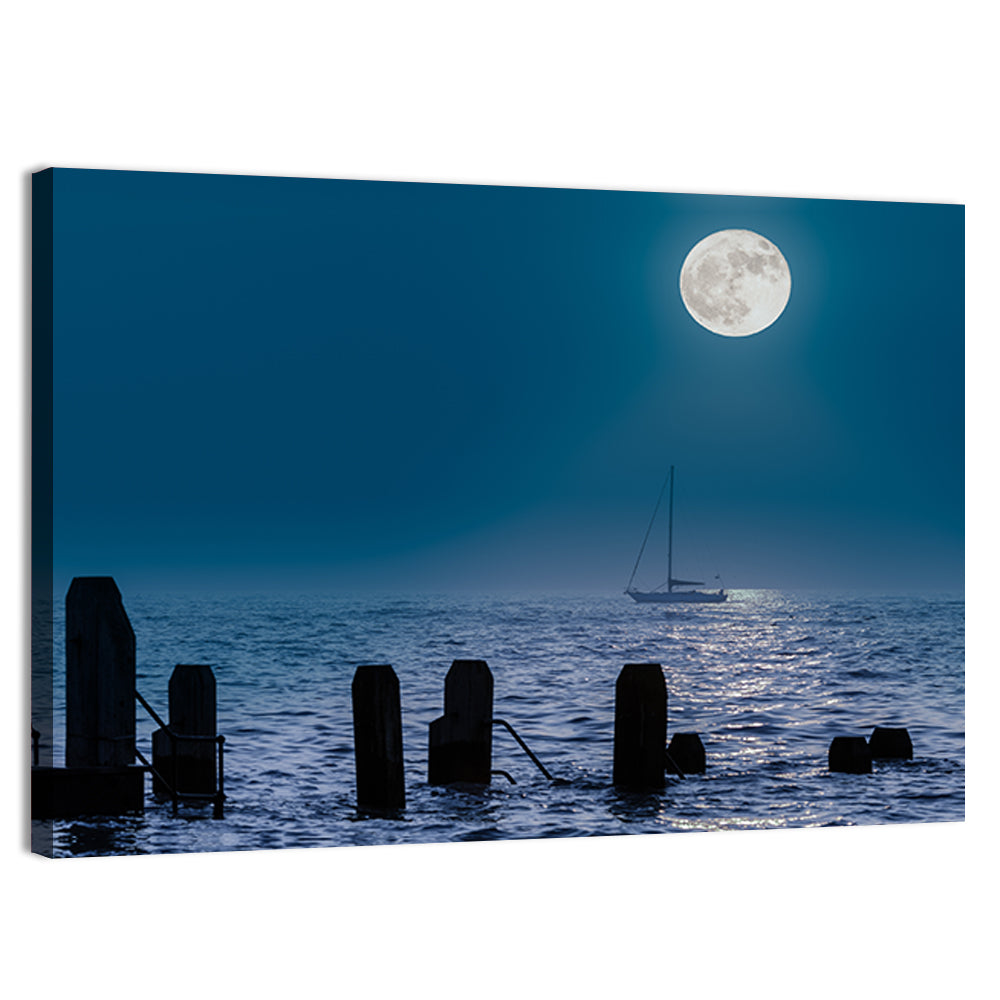 Moonlit Sailboat with Wooden Pylons Wall Art