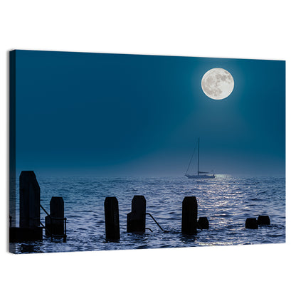 Full Moon Over A Sailboat Wall Art