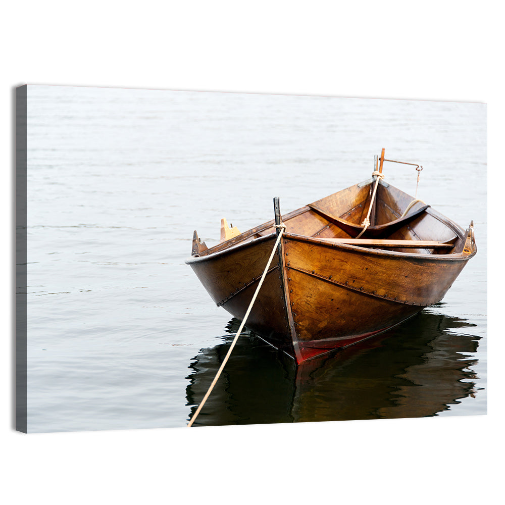 Tethered Wooden Rowboat on Calm Water Wall Art, canvas print, landscape