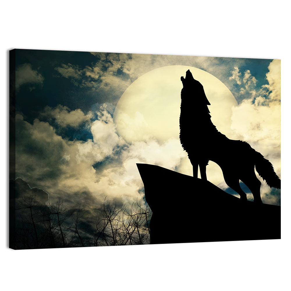 Howling Wolf Silhouette Against Full Moon Wall Art