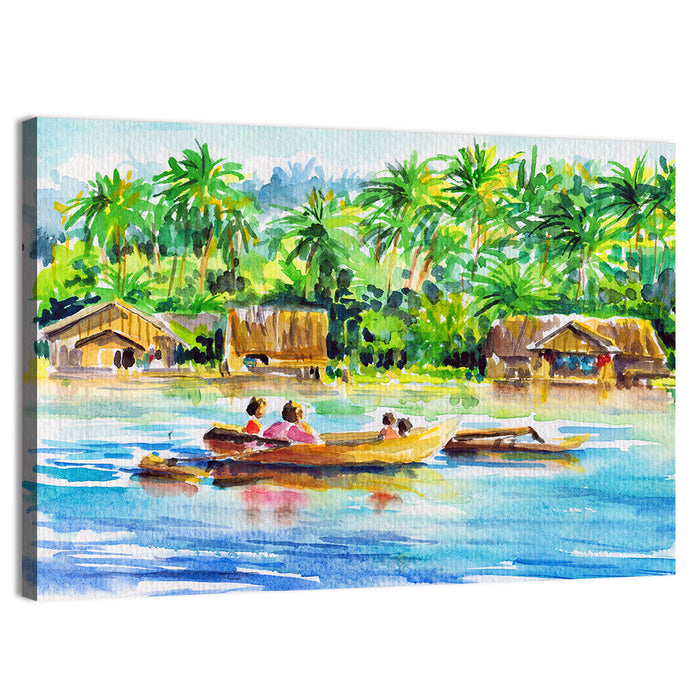 Boat in Tropical Village Wall Art as a canvas print