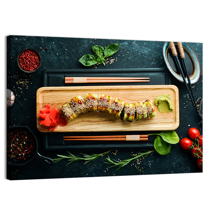 Top-down Sushi Roll with Chopsticks Wall Art as a canvas print
