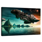 Dusk Battle Spacecraft Over Mountain Lake Wall Art