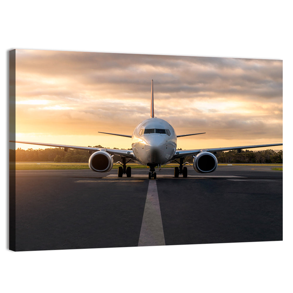 Front Facing Airplane on Runway at Sunset Wall Art, canvas print, landscape