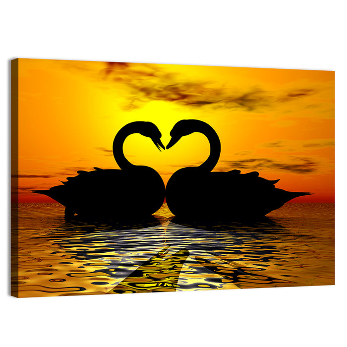 Swans Forming Heart at Sunset Wall Art as a canvas print