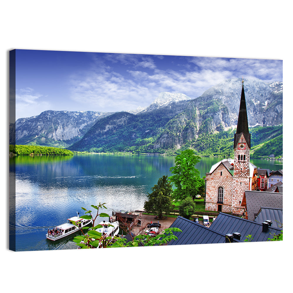 Hallstatt Lake View with Church Tower Wall Art