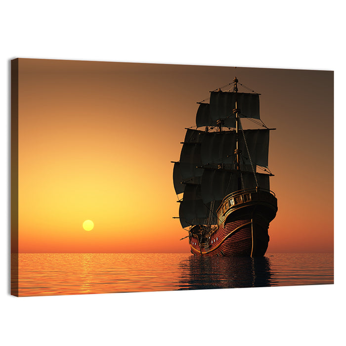 Sailing Ship at Golden Sunset Wall Art as a canvas print