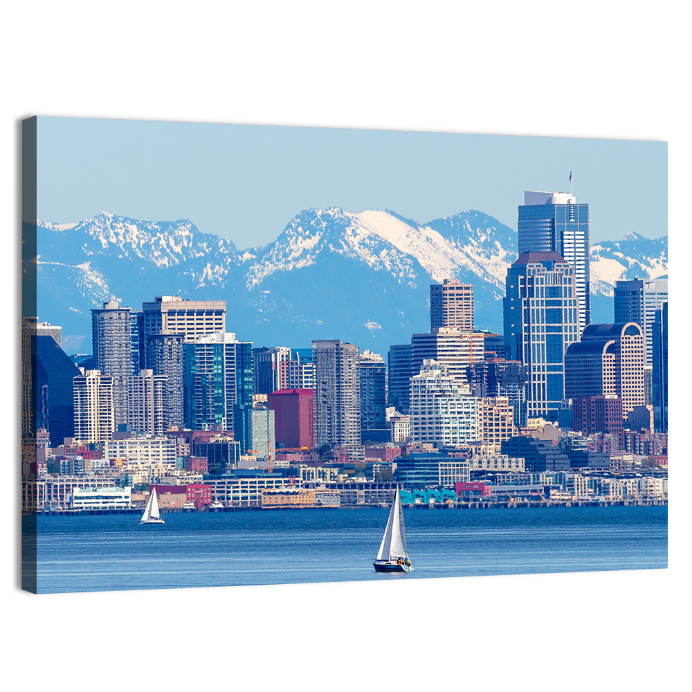Seattle Skyline with Sailboats and Mountains Wall Art, canvas print, landscape