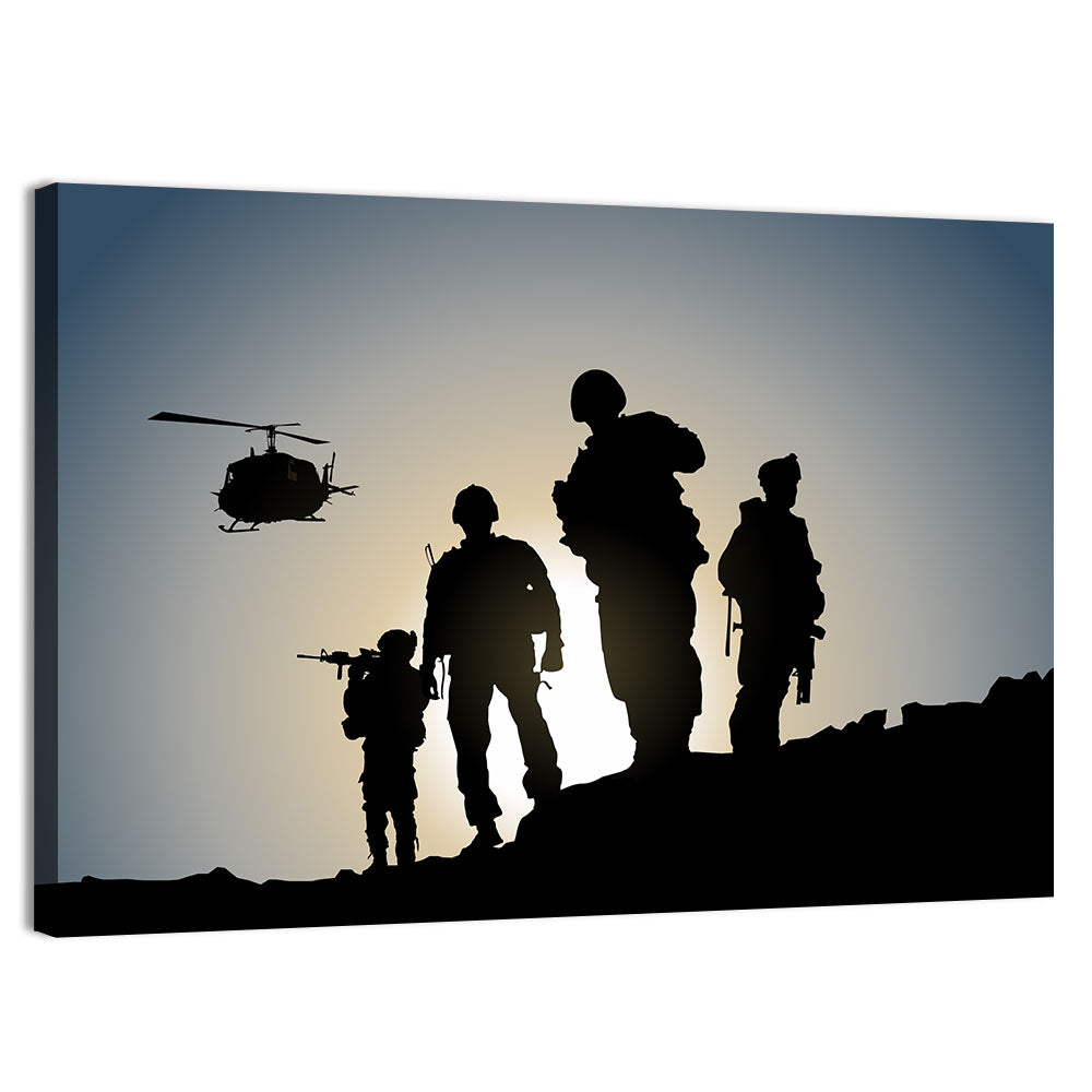 Soldiers on Ridge with Helicopter Wall Art, canvas print, landscape