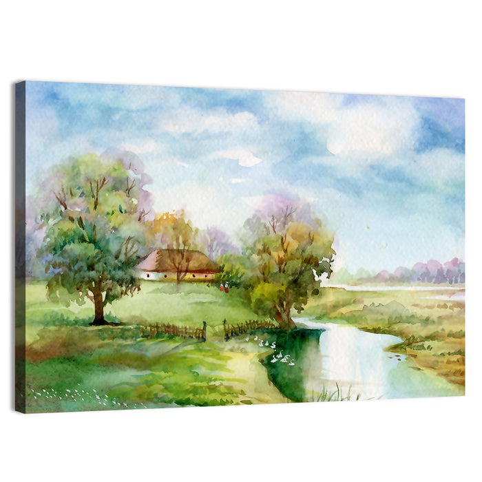 Thatched Cottage by the River Wall Art as a canvas print