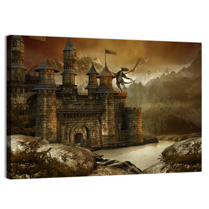 Dragon Over Fairytale Castle Wall Art as a canvas print
