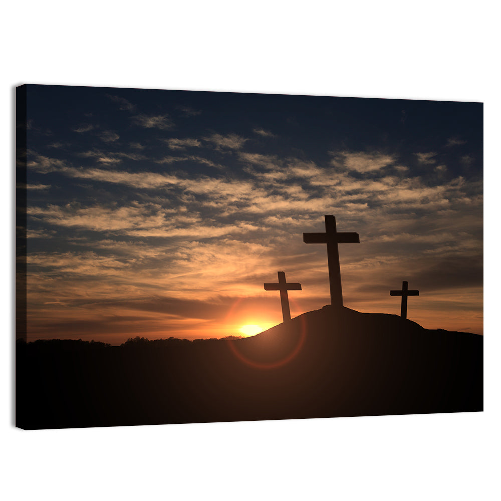 Three Crosses at Golden Sunset Wall Art, canvas print, landscape